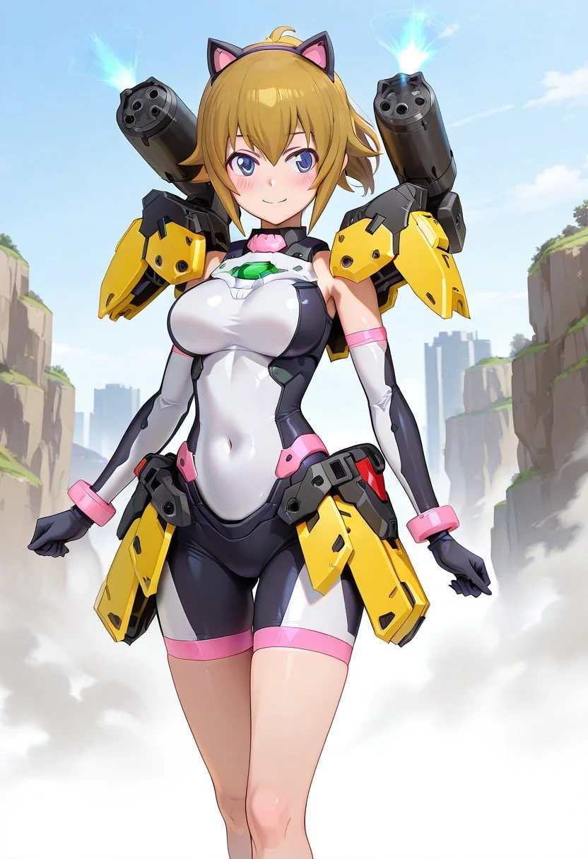 masterpiece,anime_coloring,anime_clothing,best_quality,avatar_fumina,solo, blue eyes, brown hair, short hair, hoshino fumina, medium breasts , cat ears, elbow gloves, bodysuit, covered navel, armor, bike shorts, skin tight,yellow shoulder armor, yellow waist armor, weapon,shoulder cannon,thruster,energy gun,blush face,smile,outdoor,