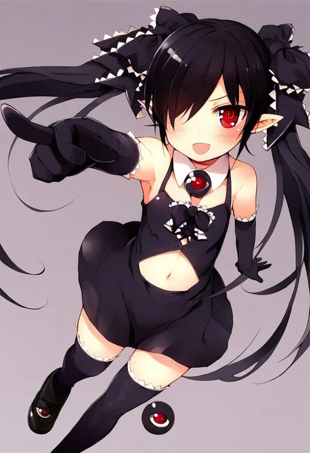 score_9, score_8_up, score_7_up, source_anime, beakotan, red eyes, black hair, twintails, hair over one eye, frills, pointy ears, ribbon, hair ribbon, black dress, shoulderless, black elbow gloves, eyeball brooch, thighhighs, navel, navel cutout, miniskirt, loafers, complex background, akihabara, pointing at viewer