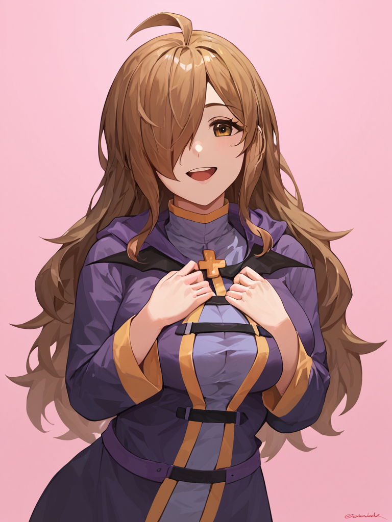 score_9,score_8_up,score_7_up, <lora:wiz_(konosuba):1>,looking_at_viewer, simple_background, solo, hands_on_own_chest, pink_background, cowboy_shot, 1girl, open_mouth, hair_over_one_eye, robe,  smile, wiz_\(konosuba\), korean_commentary