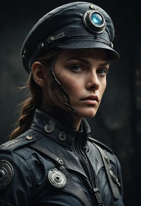 Create a captivating caption for a close-up photo of a stern-looking Thought Officer in a retro sci-fi police uniform with a peaked cap. The dystopian backdrop sets the tone, and the officer's face is a striking blend of human and cyborg elements, with one glowing eye.
very detailed, atmospheric haze, Film grain, cinematic film still, shallow depth of field, highly detailed, high budget, cinemascope, moody, epic, OverallDetail, gorgeous, 2000s vintage RAW photo, photorealistic, candid camera, color graded cinematic, eye catchlights, atmospheric lighting, skin pores, imperfections, natural, shallow dof
