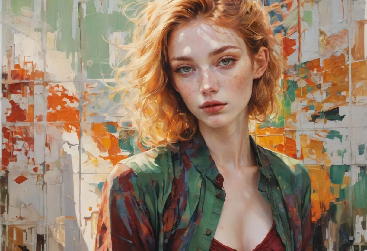 (portrait in impasto, style of Agnes Cecile:1.5)
Perched on her bed in a sunlit artist's loft with large, industrial windows, the subject is an enthusiastic college student in her mid-20s
Her skin, a rich sun-kissed bronze, glows softly under the natural light, revealing subtle freckles across her nose and cheeks.
Her triangular features are accentuated by her messy pixie cut golden blonde hair with subtle dark roots, streaked with hints of deep reds and blacks, framing her face with a wild enthusiasm, catching the sunlight in a luminous halo.
She wears a silk chemise in deep crimson, draped effortlessly to accentuate her slender neckline.
Soft, diffused light filters through the loft's windows, casting gentle shadows that highlight the fine textures of her skin and the intricate details of her hair.
the fine lines of her negligee's silk fabric, the natural contours of her face, and the nuanced play of light and shadow on her skin.
a beautiful bokeh that softly blurs the background, drawing attention to her expressive pale green eyes sparkling with her mischievous nature, her defined cheekbones flushed with anticipation