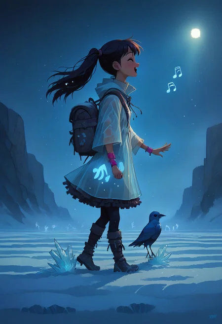 (masterpiece, best quality, high quality, good quality), 1girl, solo, petite, twintails, raincoat, backpack, frilled skirt, rubber boots, blue sky, walking, on cloud, happy, humming, musical note, rainbow, sparkle, sunlight, bird, full body, pastel colors, colorful
,FFAnime Style, fr0stwrld, snow, ice sinozick style