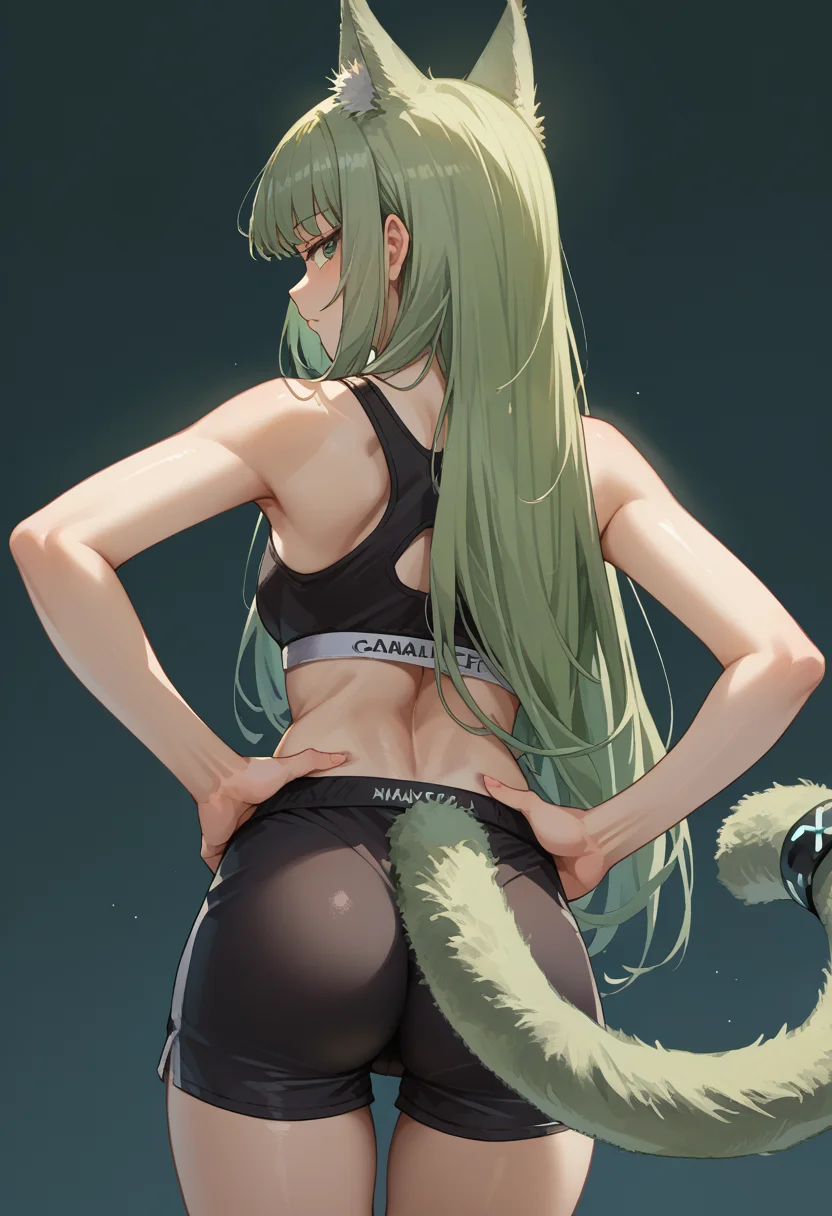 score_9, score_8_up, source_anime, 1girl, solo, HarmonieArknights, long hair, cat ears, cat tail, tail ornament, from behind, looking back, hands on hips, sports bra, black shorts, ass, <lora:ChamHarmoniePonyXL:1>