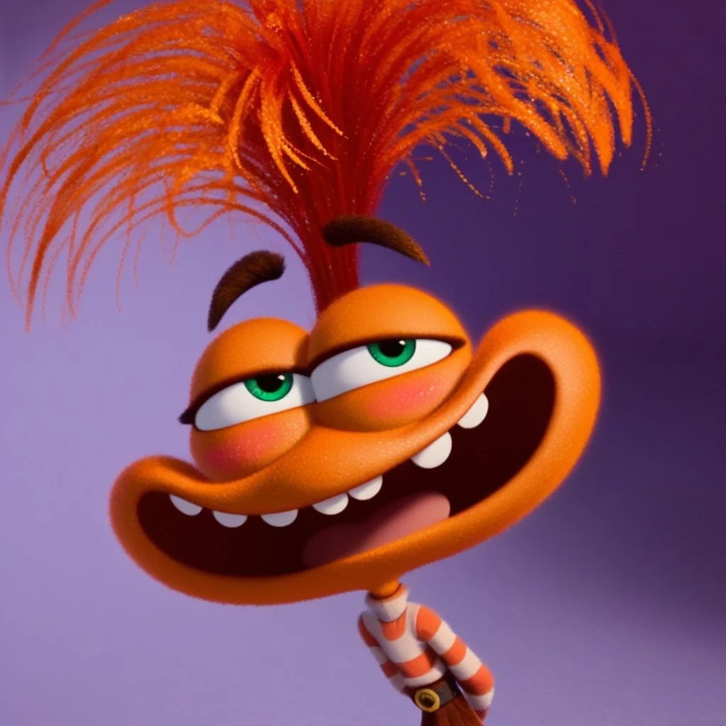 score_9, score_8_up, score_7_up, Expressiveh, masterpiece, best quality, highly detailed, realistic, (zPDXL3), 1girl, solo, (AnxietyIO, 3D, orange hair, orange body, green eyes, brown eyebrows, wide mouth, teeth, clothed, flat chested, striped shirt, white shirt, orange shirt, multicolored shirt, black belt, brown pants, upper body), tongue, smile, narrowed eyes, open mouth, ((purple background, simple background)), ((looking away, hands behind back, blushing, front view))