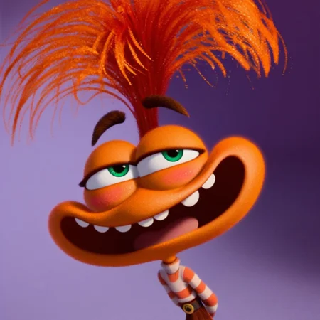 score_9, score_8_up, score_7_up, Expressiveh, masterpiece, best quality, highly detailed, realistic, (zPDXL3), 1girl, solo, (AnxietyIO, 3D, orange hair, orange body, green eyes, brown eyebrows, wide mouth, teeth, clothed, flat chested, striped shirt, white shirt, orange shirt, multicolored shirt, black belt, brown pants, upper body), tongue, smile, narrowed eyes, open mouth, ((purple background, simple background)), ((looking away, hands behind back, blushing, front view))