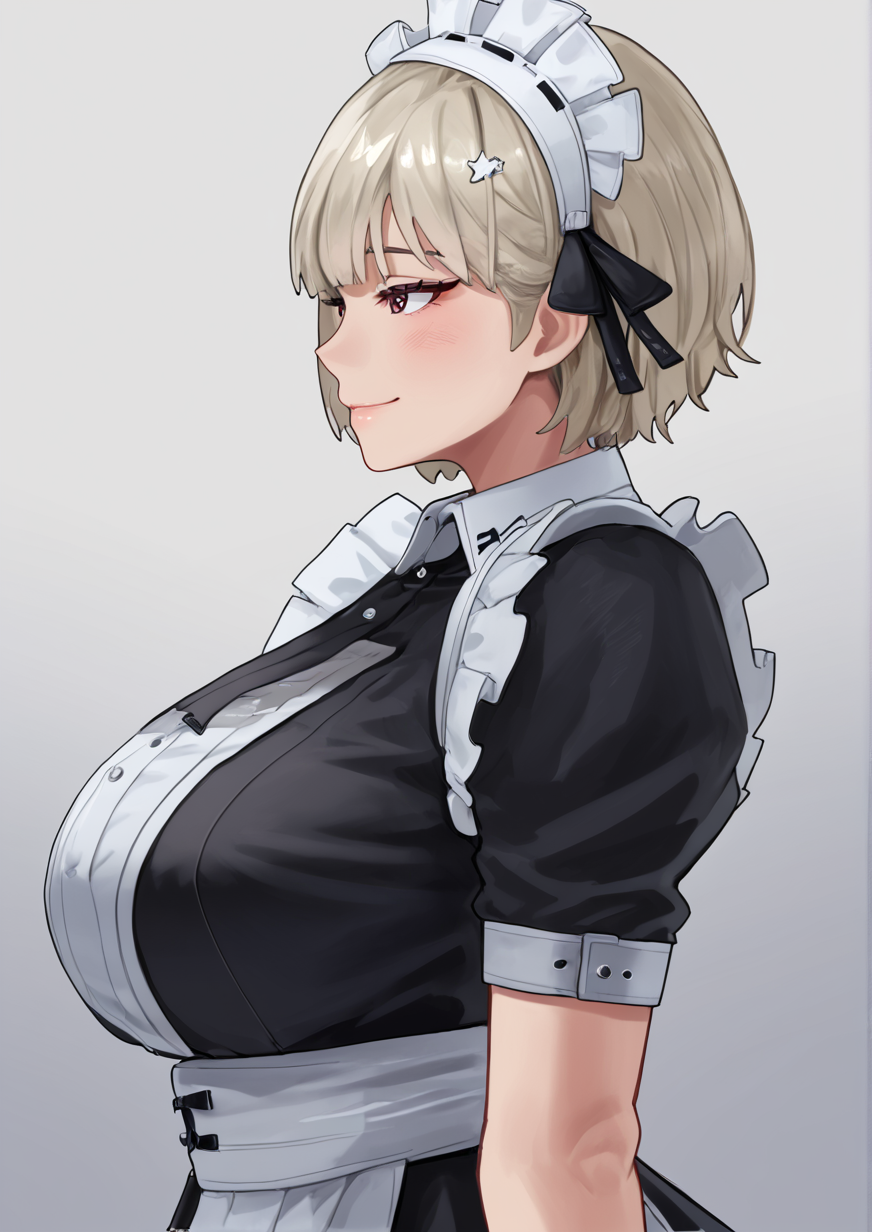 1girl, huge breast, blush, bob cut, from side, inverted bob, looking ahead, maid, maid headdress, portrait, profile, short hair, sketch, smile, solo,<lora:arapanchi:1>