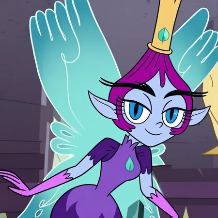 score_9, masterpiece, 1girl, Solo, female focus, fairy, PixieEmpress_Svtfoe, light blue skin, magenta hair, short hair, blue eyes, thick black eyebrows, long eyelashes, pointed ears, small pointed nose, golden crown with a green jewel, purple dress with cleavage teardrop-shaped on chest, light pink gloves, light pink high-heeled boots, cyan fairy wings, big eyes, medium stature, standing, close-up, room background, looking at viewer, perfect eyes, face photo, detailed eyes, smile