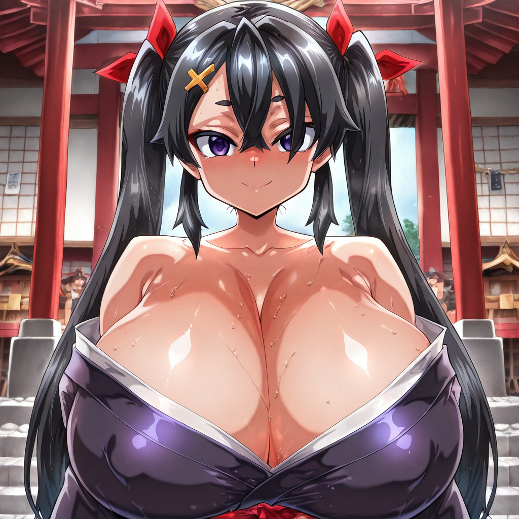 ,shrine,upper body,japanese clothes,kimono, <lora:Erotic_style:1> Erotic_style,,straight-on,bare shoulder,smile, <lora:Nemugaki sopla:1> nemugaki sopra(vtuver), black hair, purple eyes, golden X shaped hairclip,hair ribbon, red ribbon, twintails, huge breasts,big ass, curvy,anime_screencap