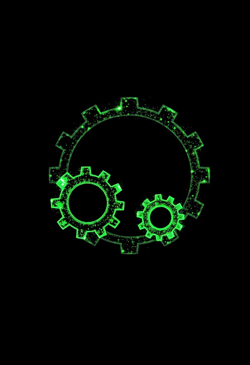 Minimalistic particle silhouette of a outlines of Group of 3 Gears, composed outlines of glowing green particles and digital noise. Simple and elegant, designed for icon-style usage. Soft glow dispersed light particles, subtle pixelation, and a smooth black background with inner image. High contrast, clean edges, and abstract form