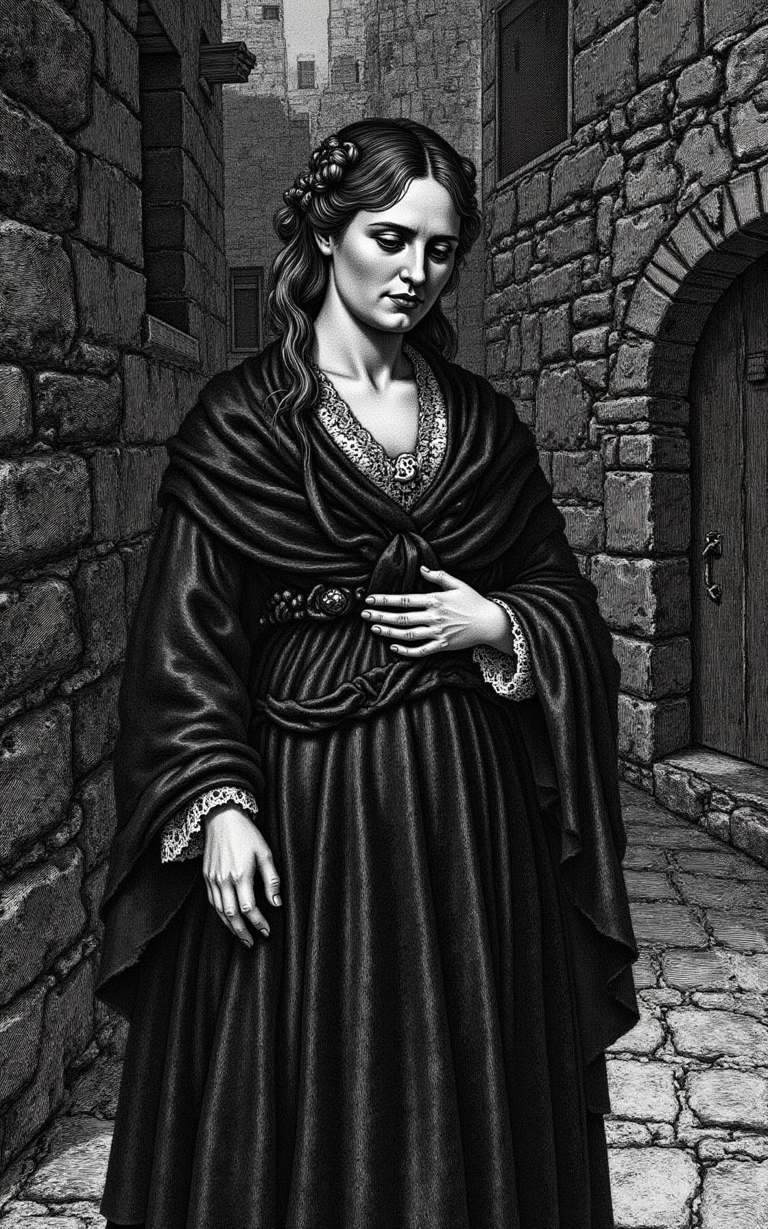 YFG-Pira, Generate a detailed, hand-drawn etching-style image of a middle-aged woman with weathered skin and deep-set eyes gazing downward, her worn velvet cloak draped over her shoulders, standing in a dimly lit alleyway surrounded by crumbling stone walls and flickering candlelight, her wispy gray hair escaping from beneath a faded lace veil, using techniques reminiscent of Giovanni Battista Piranesi's prints.