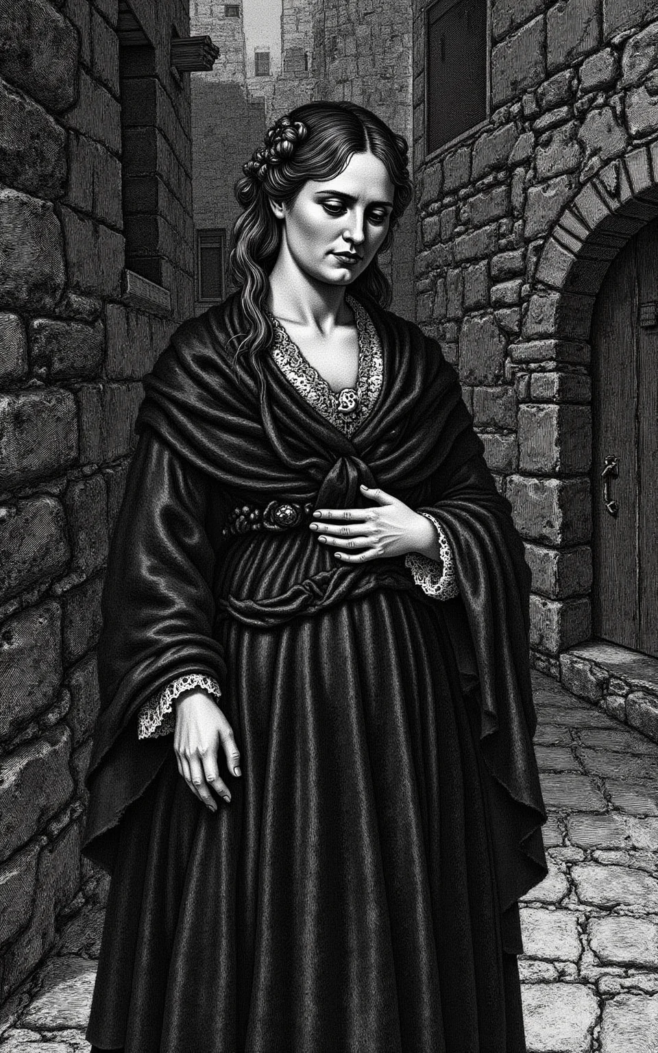 YFG-Pira, Generate a detailed, hand-drawn etching-style image of a middle-aged woman with weathered skin and deep-set eyes gazing downward, her worn velvet cloak draped over her shoulders, standing in a dimly lit alleyway surrounded by crumbling stone walls and flickering candlelight, her wispy gray hair escaping from beneath a faded lace veil, using techniques reminiscent of Giovanni Battista Piranesi's prints.