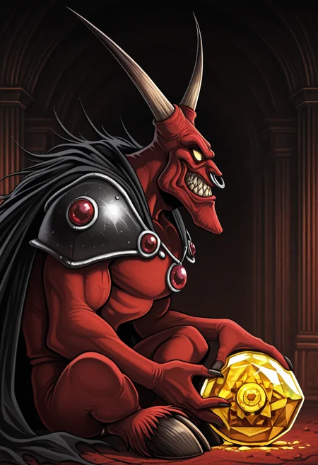hellsing style, sit on ground, from side, 1man, horned_reaper, nose ring, 2horns, teeth, holding big gem, shoulder pads, treasury room, gems jewels, cape, demon, lohooves,
masterpiece,best quality,amazing quality