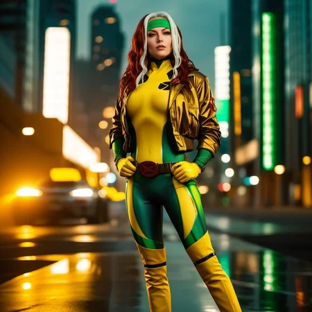Rogue1024, a woman full body, wears a yellow and green superhero suit and a jacket, cyberpunk city background, highly detailed, photography, ultra sharp, film, professional, 64k <lora:add-detail-xl:1.5> <lora:Rogue1024:0.8>