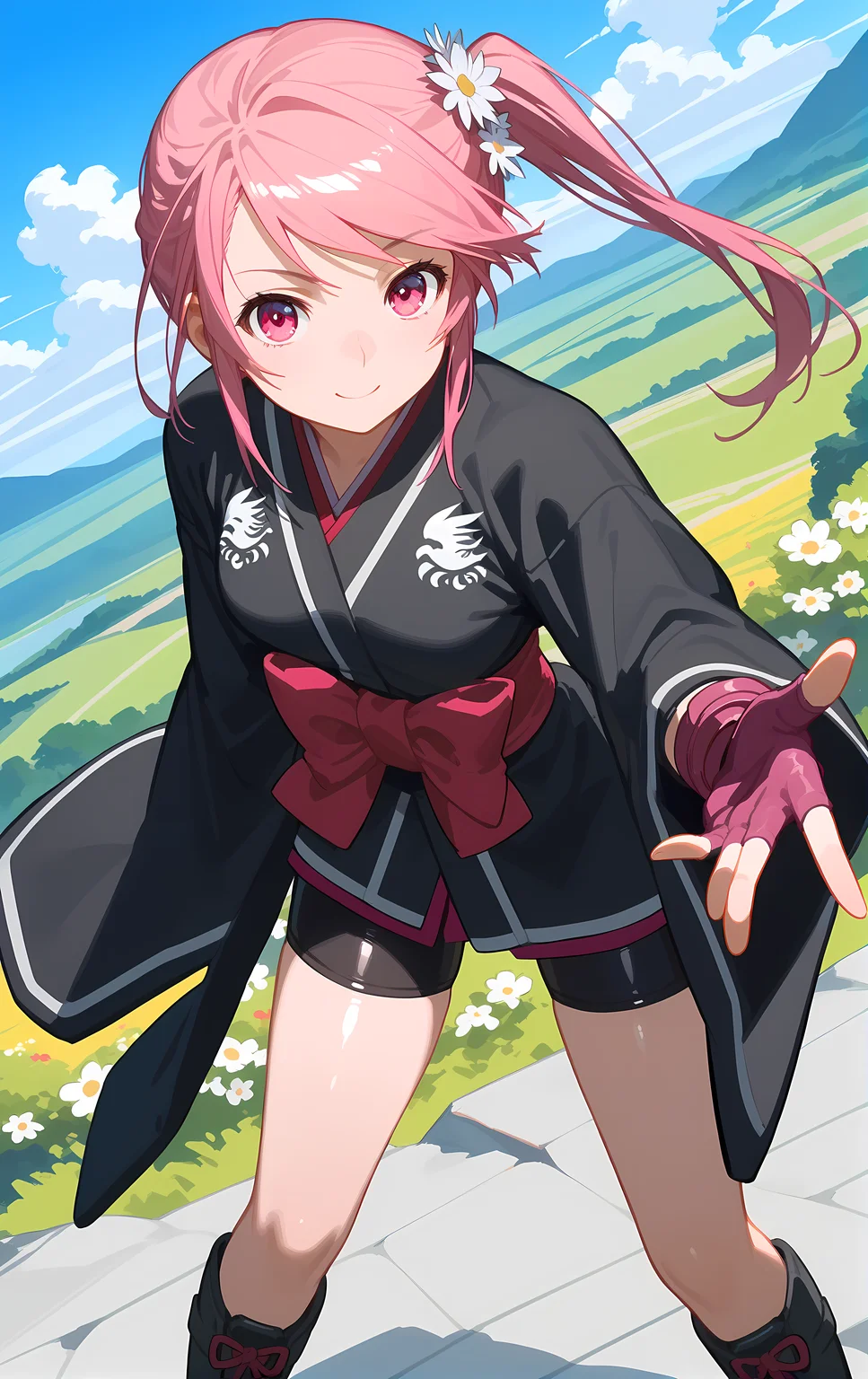 (score_9, score_8_up, score_7_up), standing, leaning forward, looking at viewer, light smile, closed mouth, shiny skin, tight clothes,
ohwx, 1girl, solo, side_ponytail, pink_hair, pink_eyes, bow, long_hair, hair_flower, flower,
japanese_clothes, fingerless_gloves, gloves, kimono, black_kimono, bike_shorts, boots,
cliff,
cowboy shot, dutch angle, close-up,
<lora:benitsubasa_pony_ss:1>