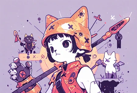 chrome  background, circuitry, runes, 1 cat character, MH felyne,
cat, felyne,   skinny, short bangs, mechanical headwings, helmet, holding polearm, spear, mechanical gauntlet, single pauldron, spiked pauldron, sleeveless, portrait, black hair, (short ponytail), black eyes, white skin, dynamic pose, (patterned clothing), red tabard,
limited palette, 
very awa, flat color,