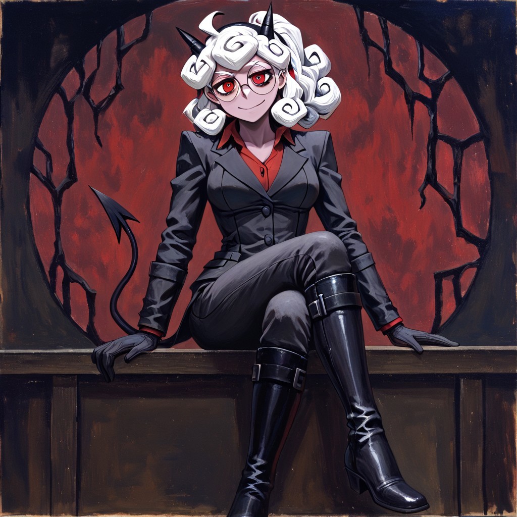 masterpiece, best quality, newest, absurdres, highres, GOTPV1.0, oil painting (medium), 
1girl, pandemonica (helltaker), demon girl, horns, black horns, white hair, knee boots, gloves, demon tail, demon horns, black jacket, curly hair, glasses, round glasses, round eyewaer,