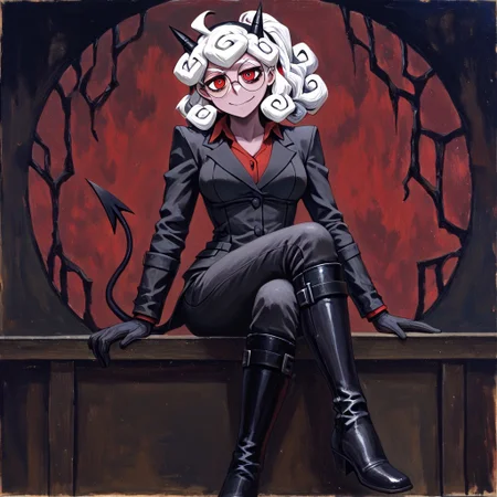 masterpiece, best quality, newest, absurdres, highres, GOTPV1.0, oil painting (medium), 
1girl, pandemonica (helltaker), demon girl, horns, black horns, white hair, knee boots, gloves, demon tail, demon horns, black jacket, curly hair, glasses, round glasses, round eyewaer,