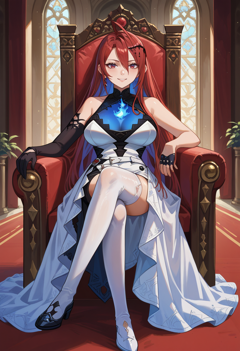 score_9, score_8_up, source_anime, 1girl, solo, ElizabethRB, long hair, ahoge, hair ornament, earrings, sleeveless dress, white dress, asymmetrical dress, see-through cleavage, white belt, blue fire, single detached sleeve, black sleeve, black gloves, single glove, white thighhighs, single thighhigh, indoors, palace, sitting, on throne, smirk, crossed legs, <lora:ChamElizabethBloodflamePonyXL:1>