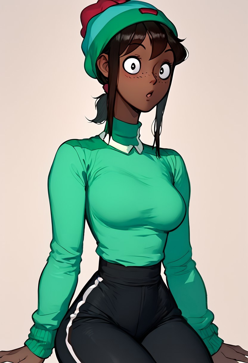 1 girl , kawaii girl , SkylaCruzPXL,
Skyla,freckles, dark skin, dark-skinned female,black hair,black eyes, short ponytail,short hair, ponytail,beanie, multicolored beanie, slim
  pants, green shirt
,(large hips  , wide hip , narrow waist , medium breasts) ,
 , sitting on coach, cute,
zPDXL3 , score_9 , score_8 , score_7 , score_6_up , detailed face , detailed eye , perfect face , attractive ,