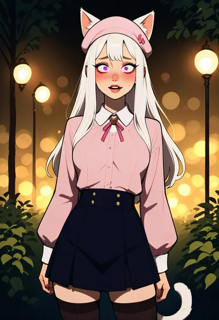 cattail \(plants vs zombies\), plants vs zombies,1girl, cat girl, furry female, cat ears, cat tail, white hair, long hair, pink headwear, long sleeves, white fur
,(cowboy shot: 1.6)
,flat colors, thick lines, anime style, simplistic artstyle, A professional, high-quality, hyper-realistic portrait of a woman. The image features ultra-detailed eyes, realistic skin texture, intricate facial features, and cinematic lighting. Shot in low light with a Nikon Z7 II and a NIKKOR Z 50mm f/1.8 lens, showcasing shallow depth of field (bokeh) and RAW photography quality. Masterpiece-level, sharp and photorealistic, fine art photography style.
artist: incase,
,masterpiece, best quality, very awa, newest,yameroyandere