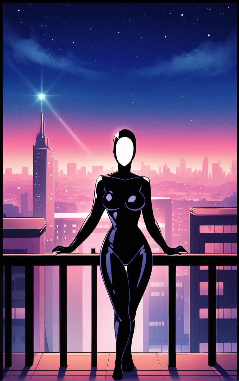 score_9, score_8_up, score_7_up, BREAK
Inque_Morphed_ownwaifu,
1other, alien, masked, slime girl, white mask, no humans, medium breasts, claws, black bodysuit, large breasts, shiny, superhero, skin tight, silhouette,
(standing, arm_support), railing, cityscape, night, city, city lights, scenery, starry sky, vanishing point, outdoors, <lora:PONYXL_DC_BatManBeyond_Inque_ownwaifu:0.8> , depth of field, solo,