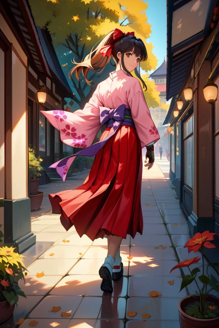 score_9, score_8_up, score_7_up, very aesthetic, source_anime, detailed, high quality, beautiful, masterpiece, detailed eyes,
cityscape, street, sakura tree,
<lora:lightXL:0.8>
from side,
walking, looking back, light smile,
<lora:sakuraS_autismConfetti_v01:0.95>
sakurabase, black hair, hair ribbon, red bow, brown hair, sidelocks, bangs, ponytail
japanese clothes, red hakama, pink kimono, meiji schoolgirl uniform, purple sash, fingerless gloves, green obijime,, zPDXL