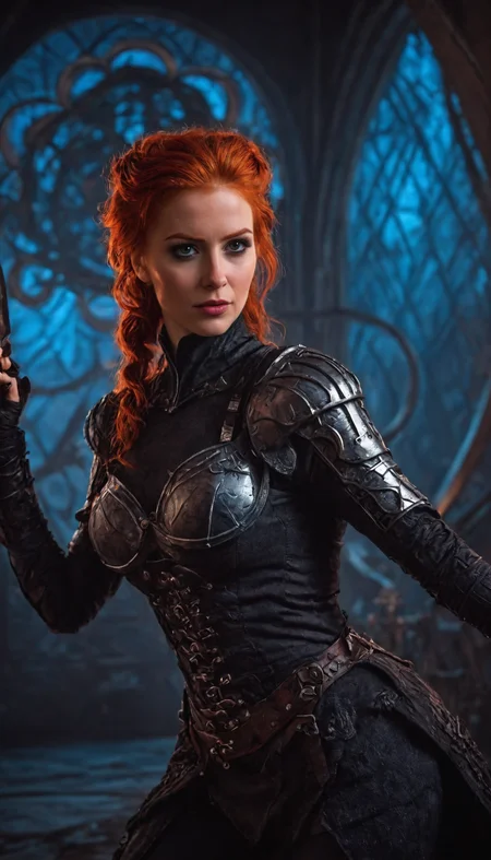 A confident red-haired female adventurer in medieval attire standing against a backdrop of a futuristic, geometric, neon-lit landscape, gothic art style, dark and moody, intricate details, rich colors, dramatic lighting, ornate patterns, medieval inspired, mysterious atmosphere, high contrast, artistic and elegant
