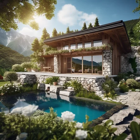 professional studio photo cinematic photo (concept archviz villa:1.2) design, modern rustical house, stone wood, pond in the garden outside, elaborate terrace, texture cracked dry treebark (cracked wood style room ) design, lush flowers, green trees with intertwined roots, <lora:treebark-SDXL-s-exp:0.9> mountains, blue cloudy sky . 35mm photograph, film, bokeh, professional, 4k, highly detailed backlight, atmospheric, hard rim light, absurdres, hdr, realistic concept