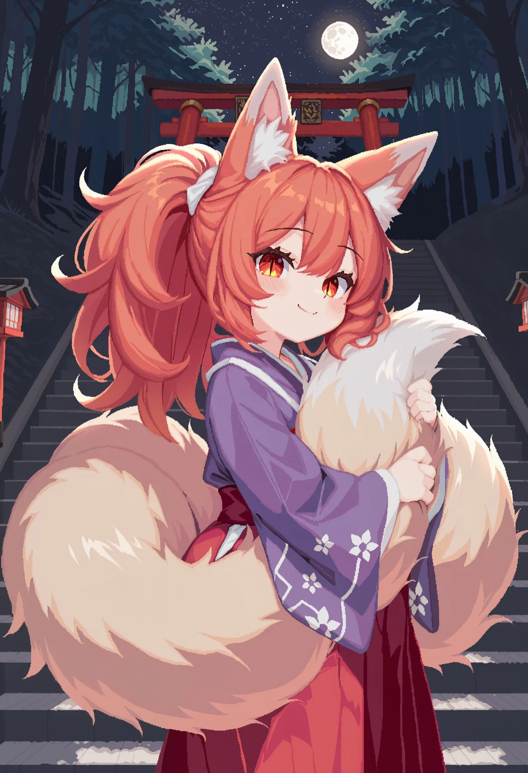 hansode999, (pixel art), 1girl, orange hair, long hair, big hair, fluffy hair, slit pupils, masterpiece, best quality, absurdres, cute, kawaii,
(kitsune, kyuubi, multiple tails, fox tail), fox girl, fox ears, fluffy tail,
japanese clothes, kimono, hakama skirt,
outdoors, night, moon, store stairs, torii gate, forest,
solo, cowboy shot, (hugging own tail), smile