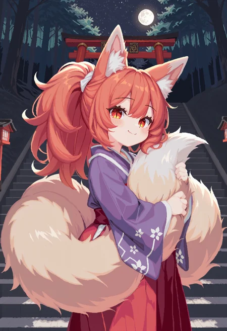 hansode999, (pixel art), 1girl, orange hair, long hair, big hair, fluffy hair, slit pupils, masterpiece, best quality, absurdres, cute, kawaii,
(kitsune, kyuubi, multiple tails, fox tail), fox girl, fox ears, fluffy tail,
japanese clothes, kimono, hakama skirt,
outdoors, night, moon, store stairs, torii gate, forest,
solo, cowboy shot, (hugging own tail), smile