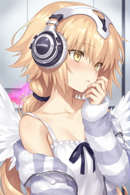 metatronjeanne,1girl,blonde hair,solo,long hair,headphones,jeanne d'arc \(fate\),wings,<lora:metatronjeanne:0.8>,, masterpiece,best quality,amazing quality,