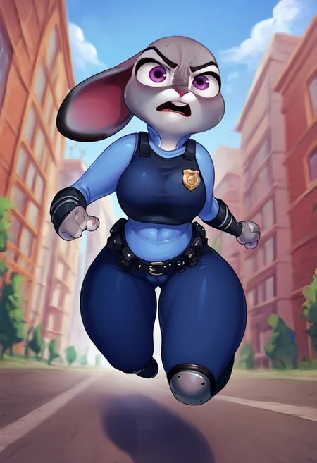 score_9, score_8_up. score_7_up, masterpiece, detailed, detailed, perfect face, 1girl, big covered breast, solo, Judy Hopps, police outfit, (darker body armour), angry expession, sweat on face, parkour through city, running, side view, high view, low view, front view