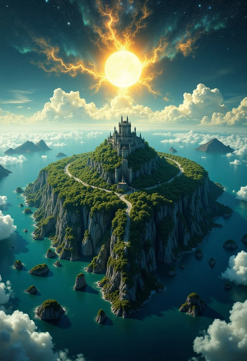 The image is an aerial view of a medival kingdom from space with its land in the middle of the ocean. The land is in a continent surrounded by a vast expanse of blue water and is covered in green vegetation an mountains. The kingdom has circular shape with giant castle in the middle. The sky is filled with white clouds, a golden aurora and the sun is shining brightly among the stars, creating a beautiful contrast with the bright blue sky. The ocean is a deep blue-green color and there are several small islands scattered throughout the image. The overall mood of the image is peaceful and serene. flrlizer
