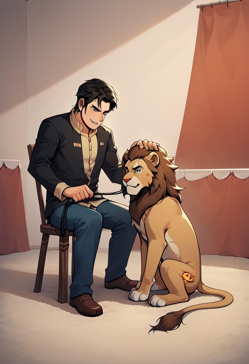 score_9,score_8_up,core_7_up, circus-tent,  circus arena, 1boy, human, lion-tamer,   holding whip,
BREAK
wild animal, feral, lion, lion sitting on pedestal,