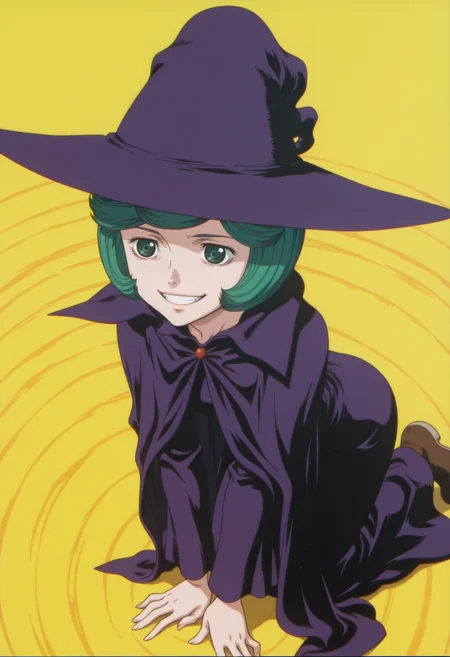 anime screencap, anime coloring, 1girl, solo, <lora:DX888SchierkeIL:1>schierke, bob cut, green hair, green eyes, witch, witch hat, cape BREAK yellow background, spiral background, BREAK dutch angle, from above, dynamic pose, posing, ,grin, facepalm, all fours,