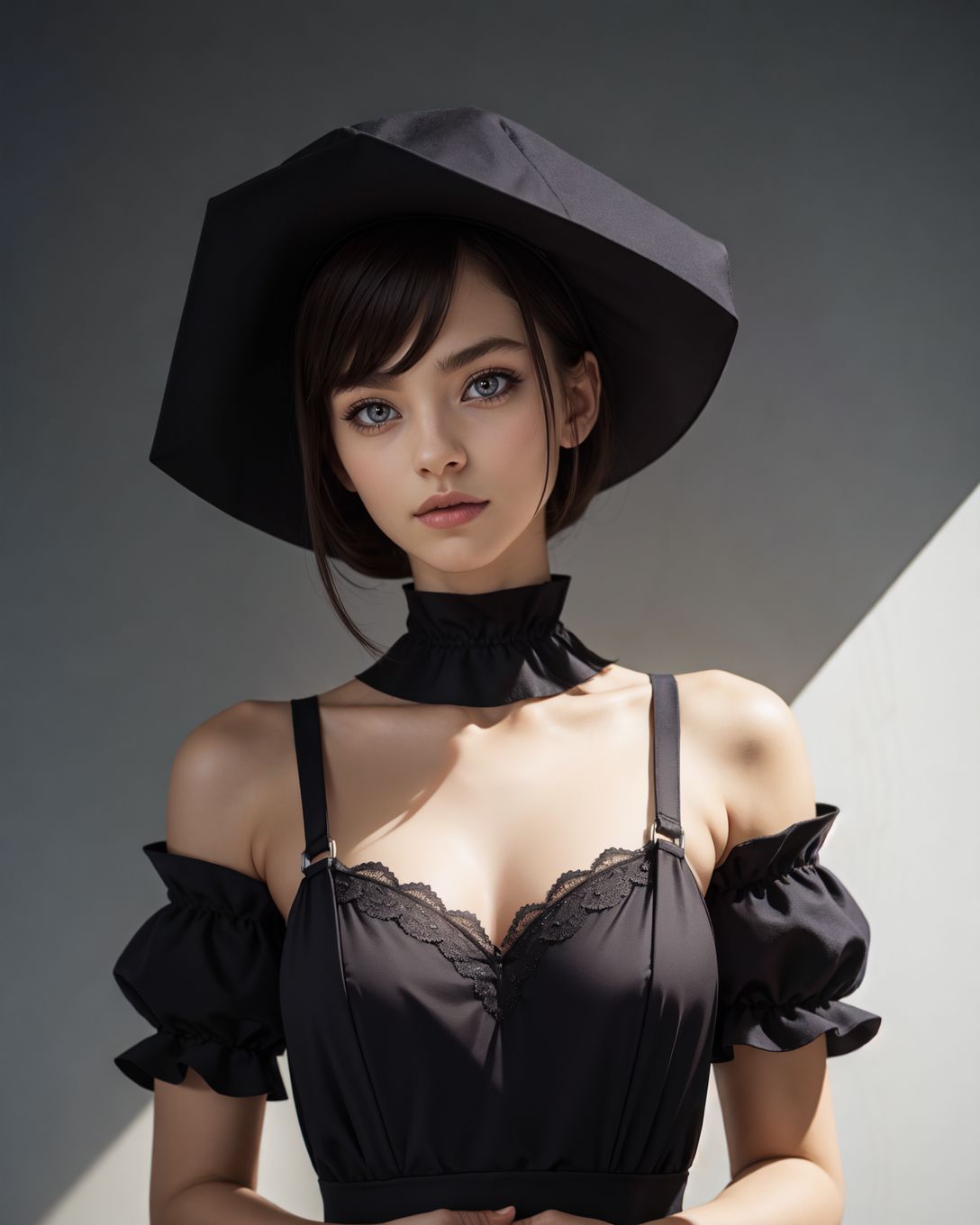 ([: S045_AileenStable :0.3]:0.9),  Pilgrim Minimalism Reimagined, (style of Paolo Roversi) black and white asymmetrical dress clean lines pilgrim-inspired bonnet sleek contemporary fabrics moody studio lighting grey backdrop soft shadows neutral makeup classic pose hand at the waist