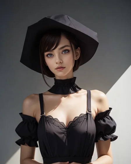 ([: S045_AileenStable :0.3]:0.9),  Pilgrim Minimalism Reimagined, (style of Paolo Roversi) black and white asymmetrical dress clean lines pilgrim-inspired bonnet sleek contemporary fabrics moody studio lighting grey backdrop soft shadows neutral makeup classic pose hand at the waist