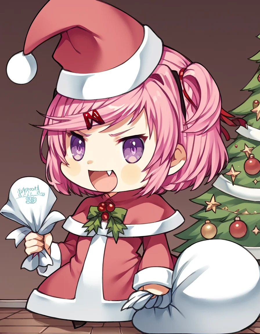 score_9, score_8_up, score_7_up, source_anime, <lora:ddlc-natsuki-ingame-ponyxl-lora-nochekaiser:1>, natsuki, fang, hair ornament, pink hair, purple eyes, short hair, short sidetail, swept bangs, x hair ornament,, <lora:padoru-ponyxl-lora-nochekaiser:1>, padoru, padoru (meme), holding sack, sack, santa hat, meme, christmas, open mouth, chibi, red capelet, santa dress, capelet, fur-trimmed headwear,, , dutch angle, cowboy shot