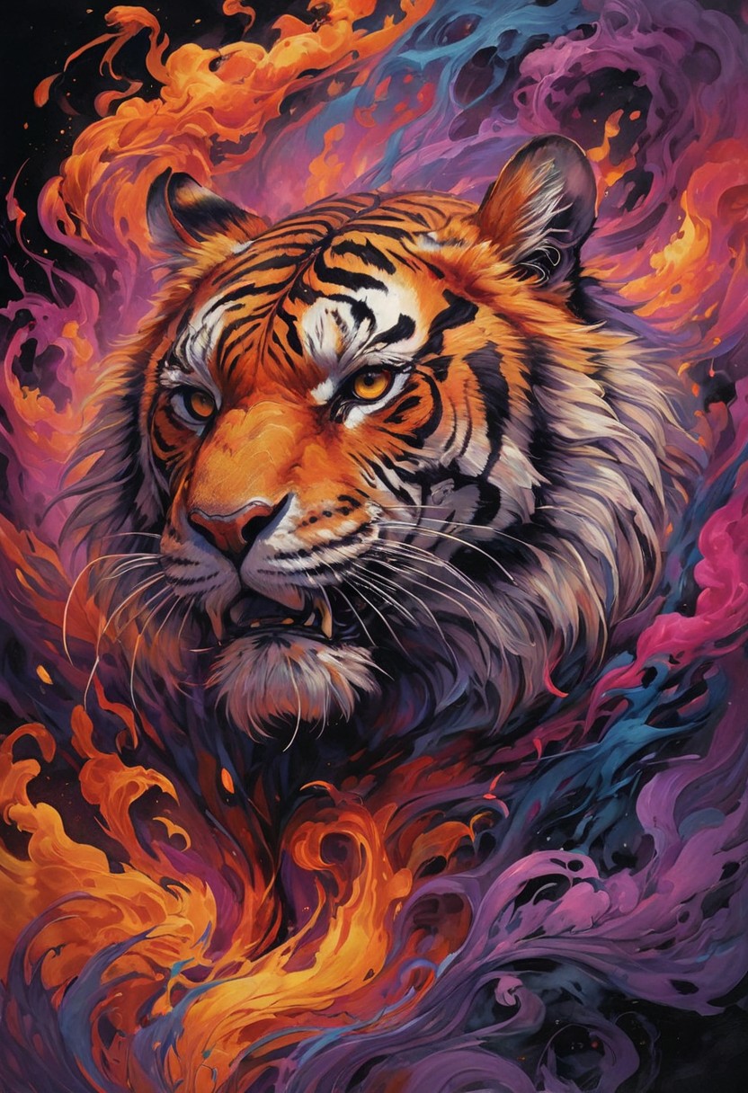 Create a stunning and dynamic image of a tiger formed entirely from vibrant flames and swirling smoke. The tiger should appear fierce and majestic, with its body composed of intricate patterns of fire that glow in shades of orange, red, and yellow. Infuse the flames with a rich palette of twisting colors, including deep blues, purples, greens, and bright pinks, creating a mesmerizing and surreal effect. The smoke should billow around it in soft gradients of gray, black, and hints of iridescent colors, adding depth and contrast. The background should be a dark, dramatic setting that highlights the fiery tiger, evoking a sense of power and wildness, while the multitude of colors enhances the overall sense of movement and energy.
style of greg rutkowski,janek sedlar,jenny saville:0]  detailxl,<lora:vivid_everclear:0.35>  <lora:Sinozick:0.35>  <lora:MJ52:0.35>