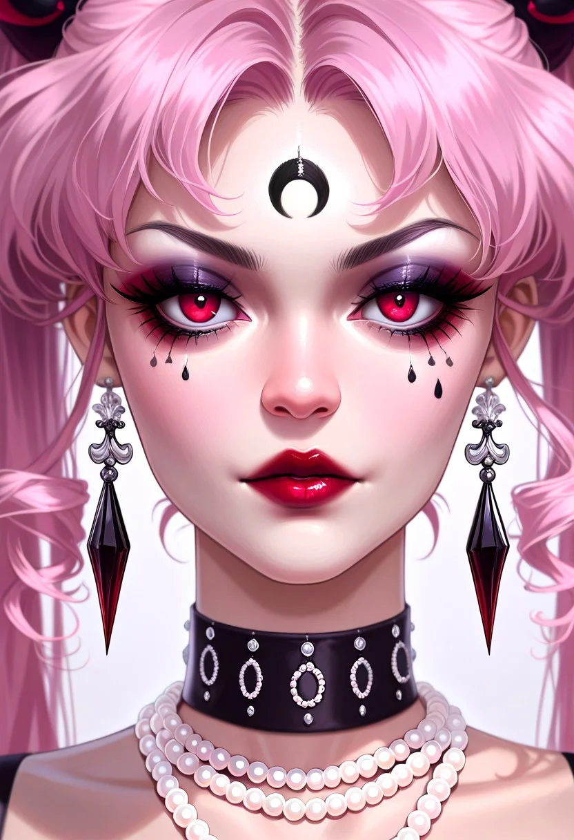 masterpiece, best quality, absurdres, very aesthetic, high score, black_lady_usa, 1girl, solo, long hair, looking at viewer, red eyes, twintails, jewelry, pink hair, earrings, choker, necklace, collar, lips, eyelashes, makeup, facial mark, lipstick, crescent, portrait, close-up, eyeshadow, forehead mark, red lips, pearl necklace, mascara, crescent facial mark, crystal earrings