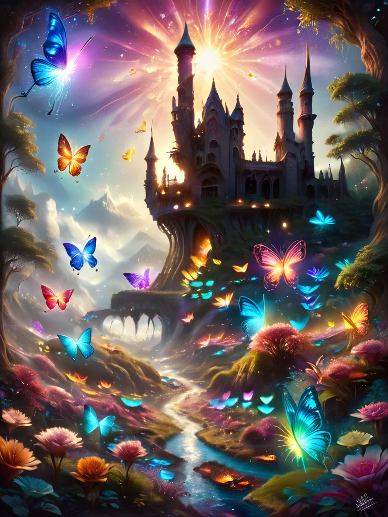 score_9, score_8_up, score_7_up, score_6_up, score_5_up, score_4_up, Magical Forest scenery,looking at the viewer, ultra realistic extremely detailed, meadow, castle crystal clear lake, trees, realistic highly detailed colorful field of flowers, (soft particles of fractal energy:1.3), depth of filed, (neon light particles:1.1), ultra-detailed,extremely delicate cute and beautiful,masterpiece,best quality, cinematic angle, cinematic lights, vibrant, vivid color,movie lens,movie special effects,detailed details,HDR,UHD,32K,concept art, magical scenery at daylight, (colorful butterflies:1.6), (full body:1.9), sharp focus, intricate details, iluminated by bright colors, (colorful flowers:1.3), (colorful particles:1.3), soft skin, (adorable look:1.8)(glowing tones:1.6),(glitter tones:1.2), beautiful, <lora:ral-fntsyrlms-sdxl:1> ral-fntsyrlms