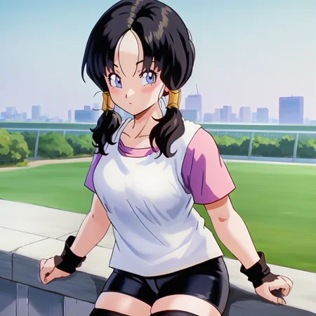 Videl, Pigtails, 1girl, anime screencap, highly detailed, 8k, masterpiece, best quality, spiked hair, biker shorts, from above, city background, (looking at viewer)