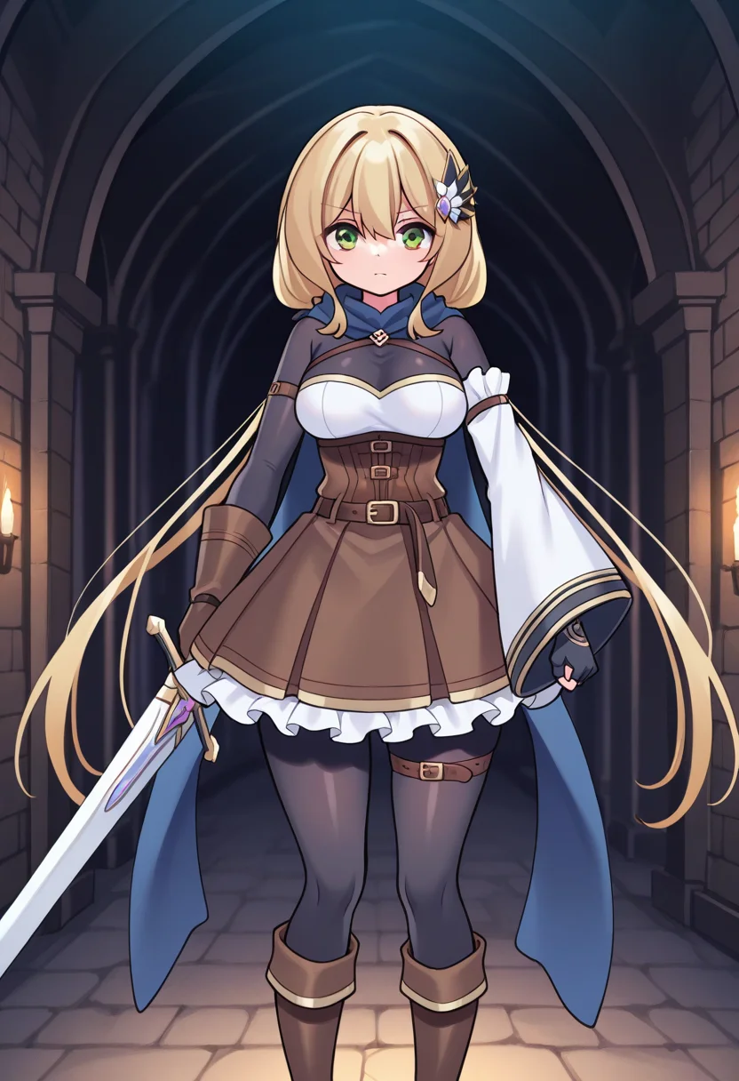 1girl, solo, chanyuusha, blonde hair, low twintails, very long hair, hair ornament, green eyes, scarf, medium breasts, bodysuit, arm strap, thigh strap, frilled dress, corset, single detached sleeve, single glove, single fingerless gloves, mismatched gloves, belt, boots, sword, holding sword, serious, indoors, underground, dungeon, straight-on, looking at viewer,