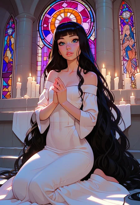 score_9, score_8_up, score_7_up, score_6_up,
Expressiveh, g0th1c,
1girl, black hair, wavy hair, erxtremly long hair: 2.0, absurdly long hair: 2.0, hime cut, big eyes:1.8, black eyes,freckles :2.0, flat chest : 1.6, small breasts: 1.6, wide hips : 1.4, hourglass body type, pale skin soft lighting, holy atmosphere, church setting, stained glass, candles, stone walls, close up, dynamic pose, praying , kneeling,looking at viewer,