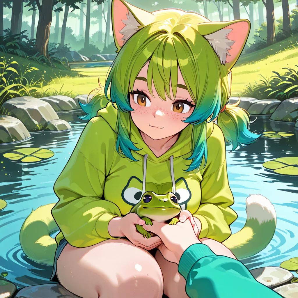 1girl, Klover, freckles, hoodie, near a pond, petting a frog <lora:Klover Illustrious:1>