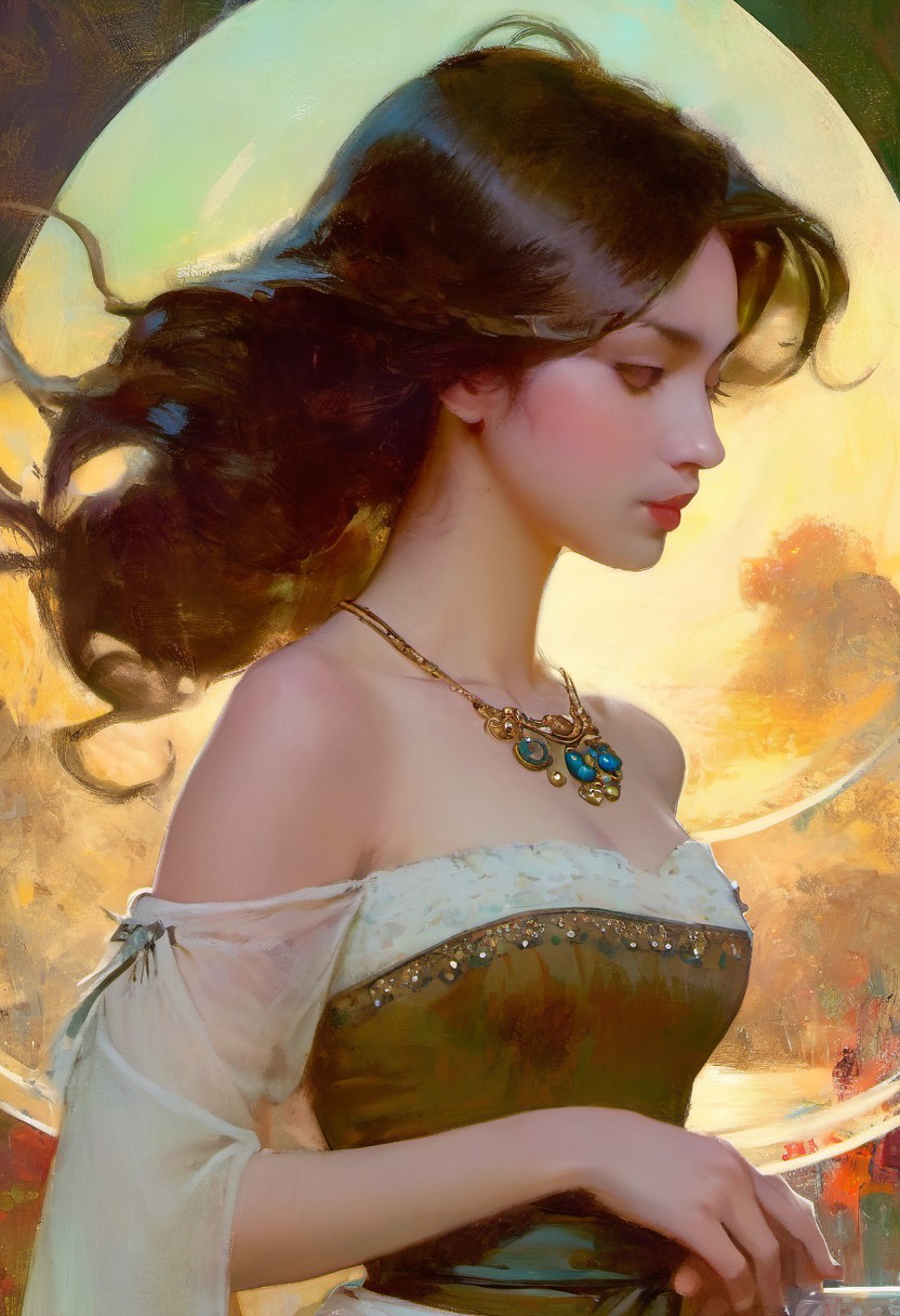 Top quality, 1 beautiful Thai woman, medium Hair, brown hair, dirndl skirt,  Romantic tender sexy paining by (Cyril Rolando:1.1) and Alphonse Mucha and norman rockwell and (Phil Koch:1.1) oil painting, masterpiece, top quality, best quality, detailed, highres, watercolor, illustration