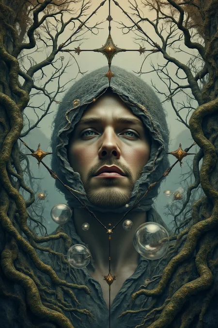 hidden bihind a , A layered narrative of the man's perspective, from a gentle moment in the distance to a surreal environment. The vast expanse stretches out above his head as he holds onto some loose clothing and prepares for an epic adventure scene. In front are intricate geometric structures that intertwine with his own body - ancient vines adorned by intricately-drawn lines; thick bubbles flowing up over tiny branches resembling hearts or arrows made out diamonds under a, Film grain, cinematic film still, highly detailed, highly contrasted, dynamic pose, high budget, sharp focus, CinemaScope, gorgeous, 2000s vintage RAW photo, photorealistic, color graded cinematic, natural, extreme quality.