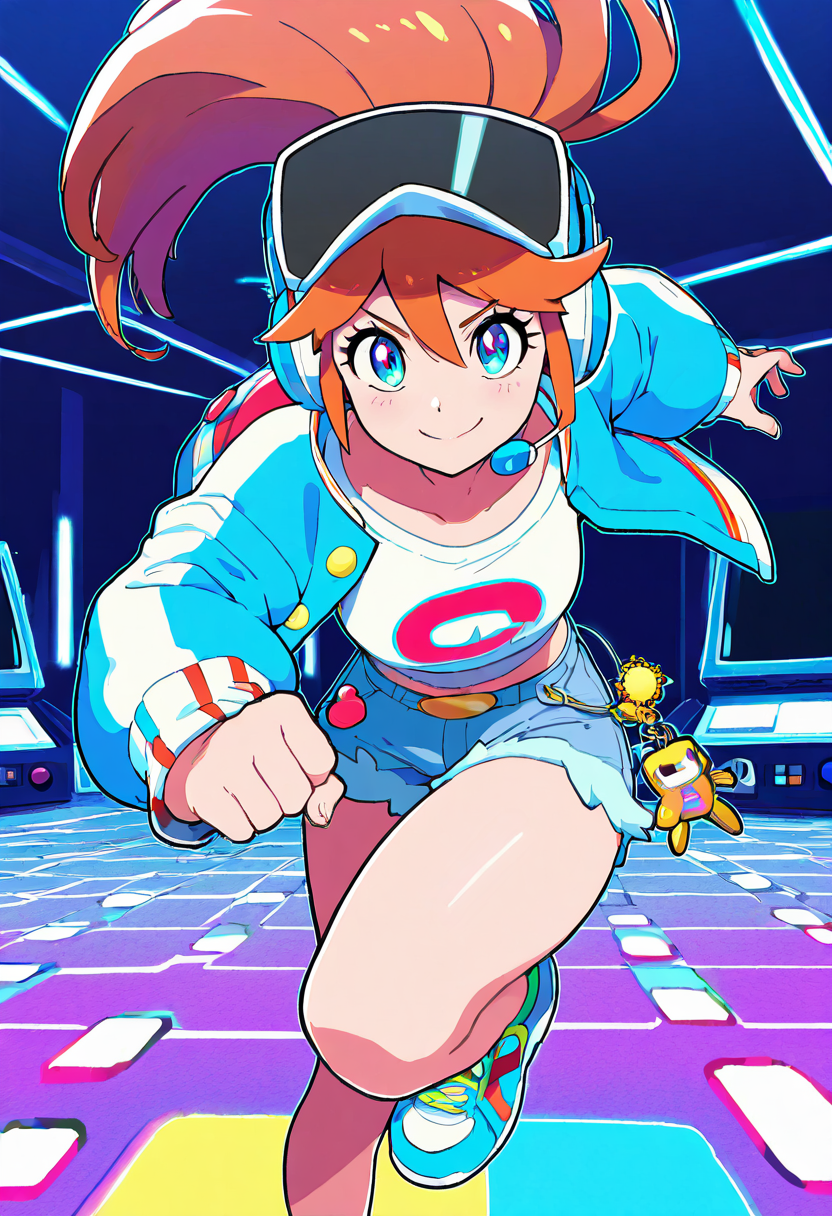 masterpiece, best quality, 1girl, solo, eyelashes, (beautiful eyes), dynamic pose, foreshortening, smile, looking at viewer,   [Arcade Champion], pixel jacket, cropped varsity jacket, denim shorts, neon sneakers, gamer headset, joystick keychain, pixel blush, arcade background, crt monitors, glowing screens, confident expression, high score screen,