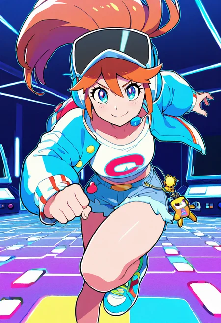 masterpiece, best quality, 1girl, solo, eyelashes, (beautiful eyes), dynamic pose, foreshortening, smile, looking at viewer,   [Arcade Champion], pixel jacket, cropped varsity jacket, denim shorts, neon sneakers, gamer headset, joystick keychain, pixel blush, arcade background, crt monitors, glowing screens, confident expression, high score screen,