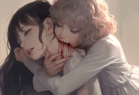 masterpiece, best quality, realistic, 2girls, human, medium black hair, curly platinum blonde hair, hug from behind, biting neck, fangs out, bleeding, white dress, parted lips, tears<lora:1equals2_V1_6_NoobAI:0.8>